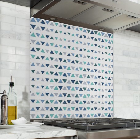 Fond de hotte de cuisine motif triangle scandinave bleu marine, bleu ciel et blanc