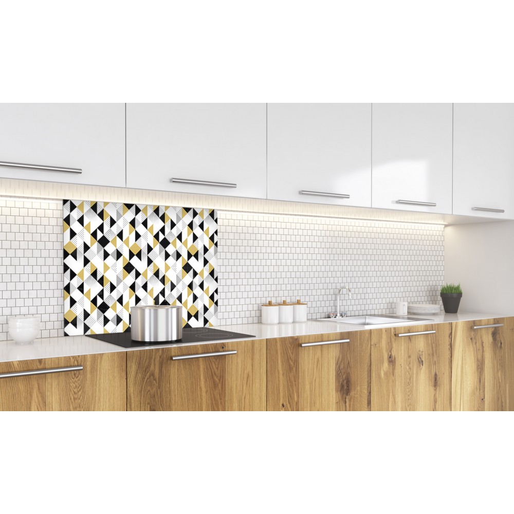 Impression Murale® Fond de hotte crédence de cuisine en Verre de synthèse avec fixation adhésiveMotif géométrique triangle noir et or L 70 cm Epaisseur 4 mm 60 x H 