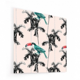 Fond de hotte rose pâle avec toucans bleus et palmiers