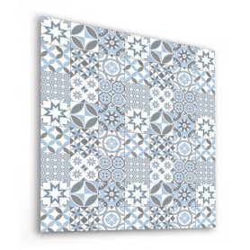 Fond de hotte effet Carreaux de ciments motif géométrique bleu gris clair blanc