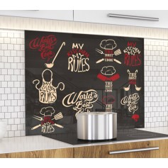 Fond de hotte noir avec dessins aliments et inscription My kitchen My rules