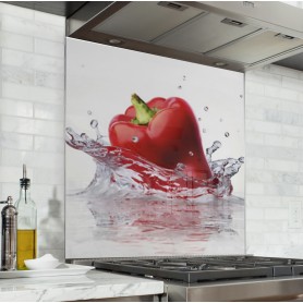 Acheter Fond de hotte crédence de cuisine Splash poivron rouge dans l'eau en verre ou panneau aluminium pas cher