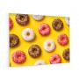 Fond de hotte jaune avec motif donuts : vanille, chocolat, fraise