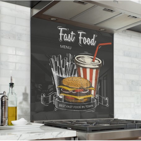 Fond de hotte noir effet ardoise avec dessin Menu Fast food couleur
