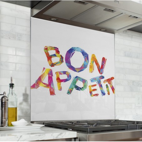 Fond de hotte blanc avec incription Bon Appétit lettres multicolores
