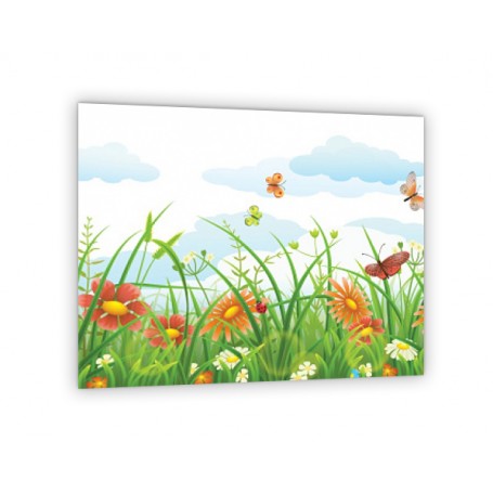 Crédence de cuisine illustration champ floral : papillon fleur nuage soleil 